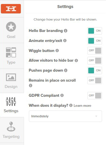 Settings Hello Bar Settings Hello Bar